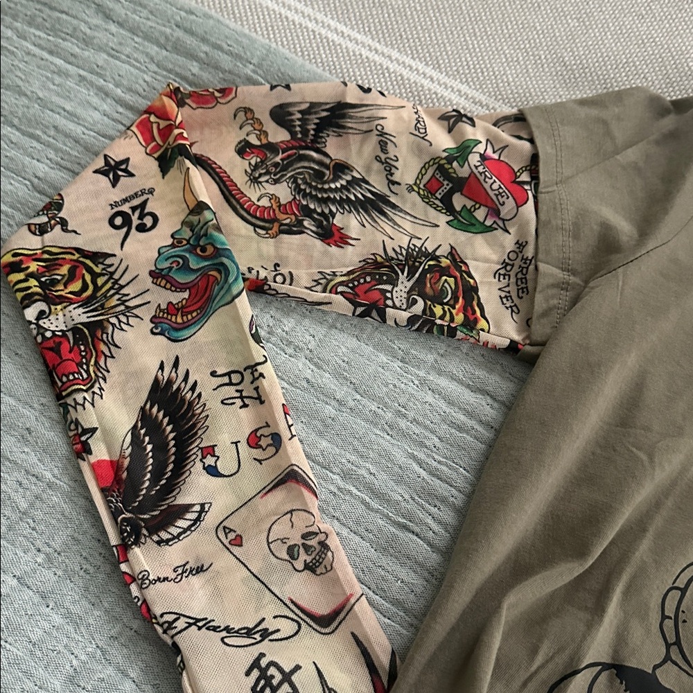 Ed Hardy Olive and Beige Tattoo Long Sleeve Tee - Picture 2 of 5